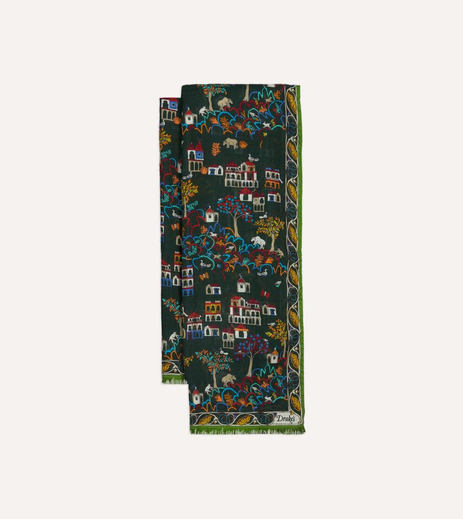 Green Antique Village Print Wool Silk Scarf