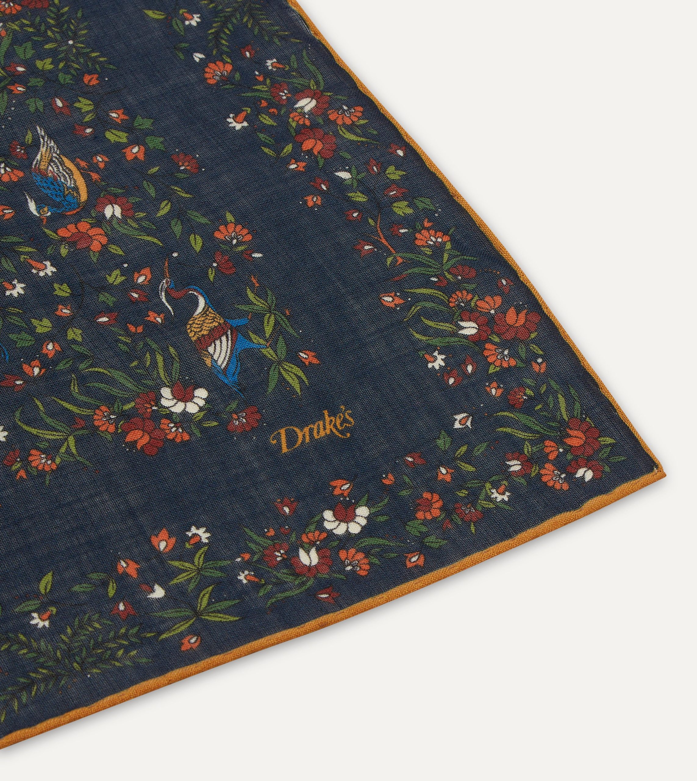 Navy Birds of Paradise Print Wool-Silk Square Scarf - Image 4