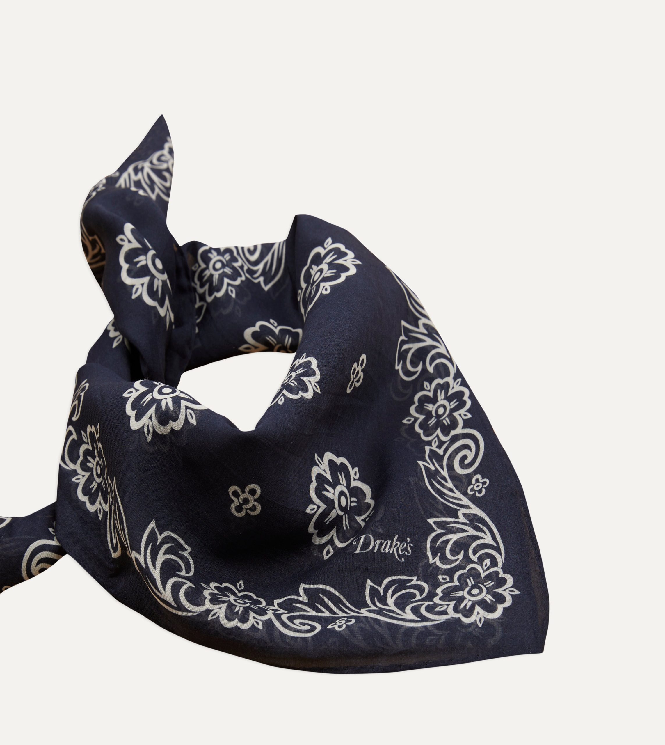 Navy Flower Print Silk-Cotton Bandana - Image 4