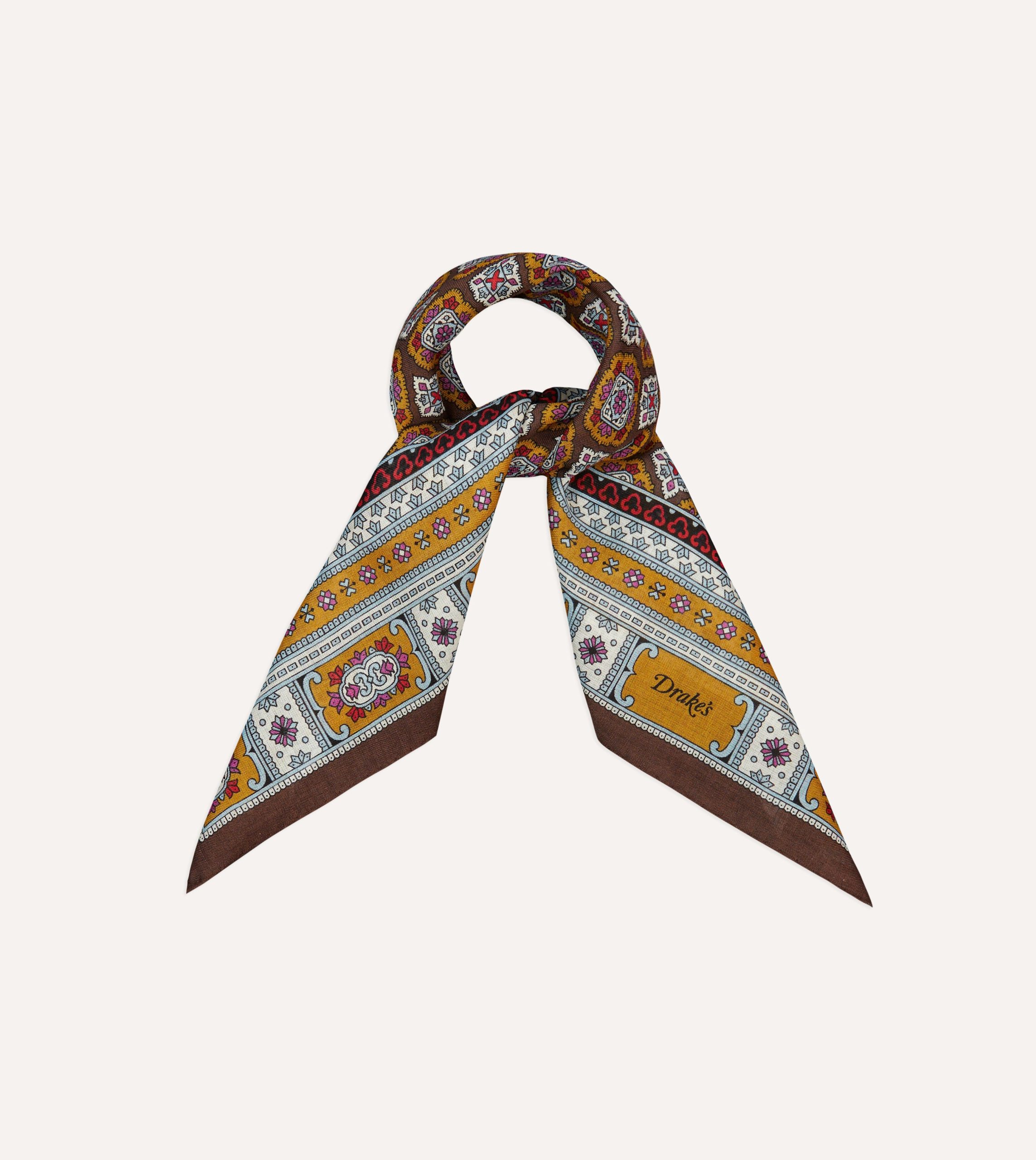 Brown. Blue and Gold Floral Medallion Print Wool-Silk Bandana - Image 5