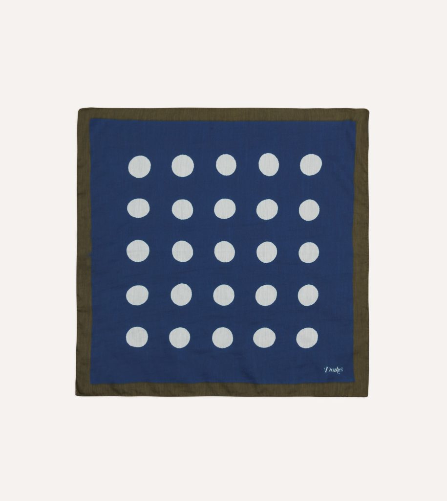 Olive. Navy and Ecru Large Spots Print Cotton-Silk Pocket Square