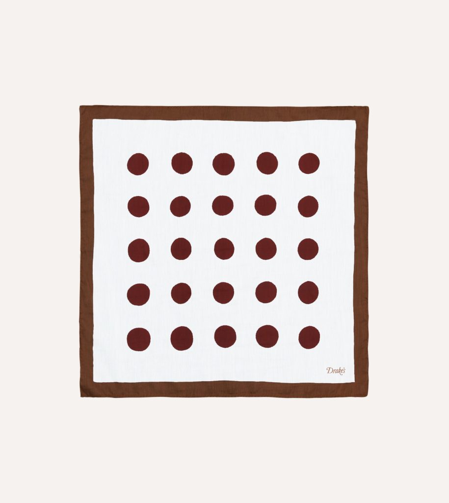 Brown. Ecru and Red Large Spots Print Cotton-Silk Pocket Square