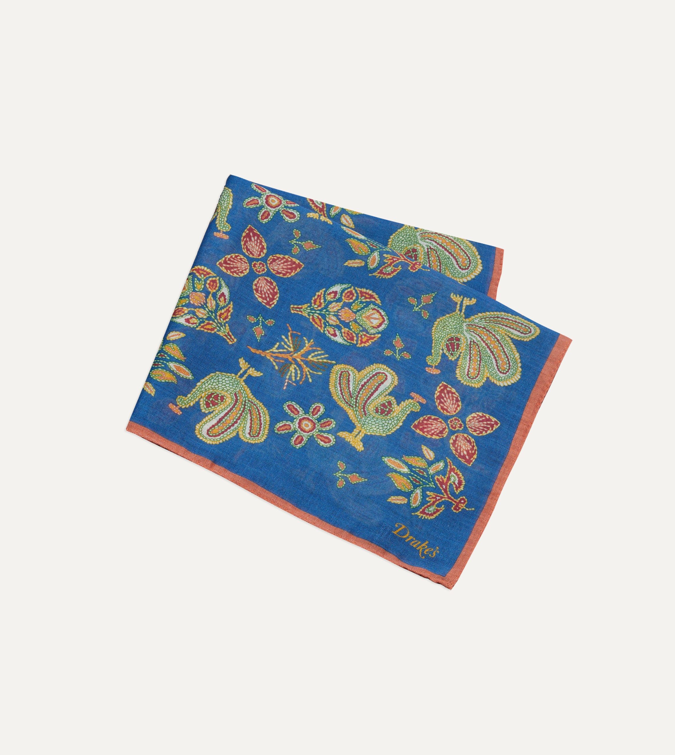 Navy Peacock Print Wool-Silk Pocket Square - Image 3