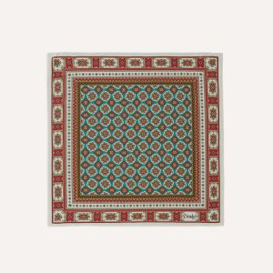 Ecru. Red and Gold Floral Medallion Print Silk Pocket Square