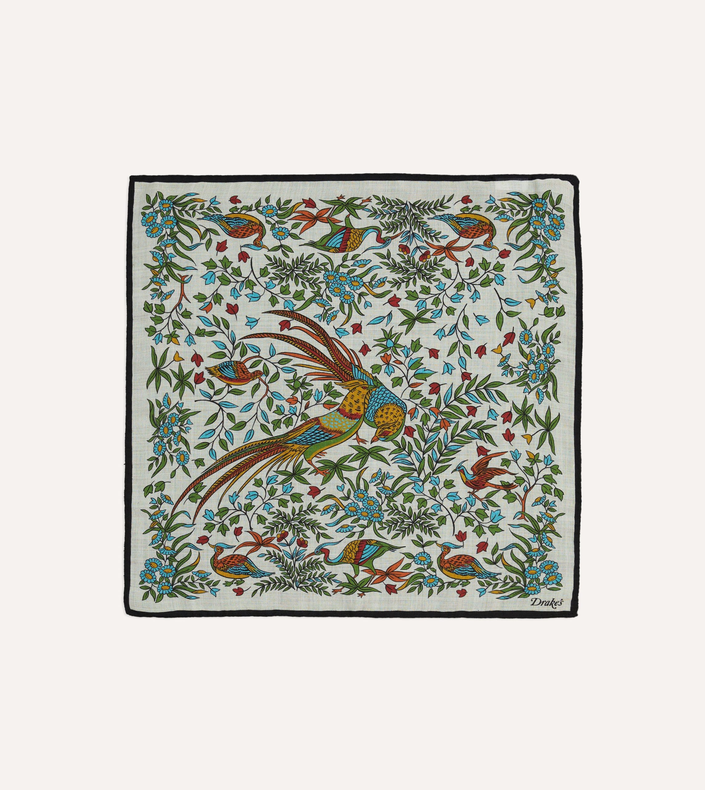 Ecru Birds of Paradise Print Wool-Silk Pocket Square