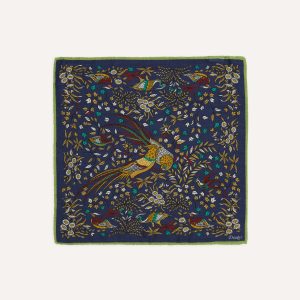 Navy Birds of Paradise Print Wool-Silk Pocket Square
