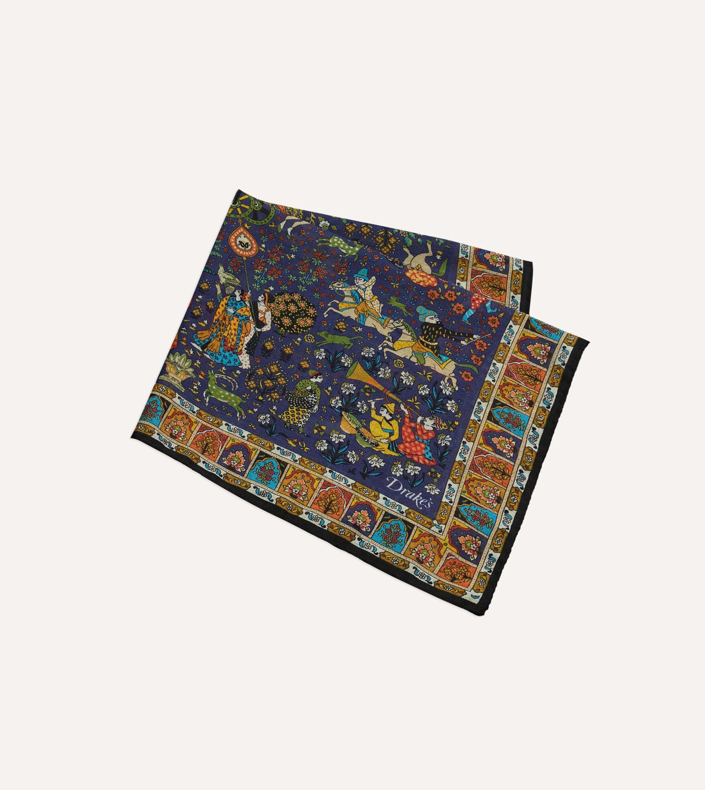 Navy Mughal Print Wool-Silk Pocket Square - Image 3
