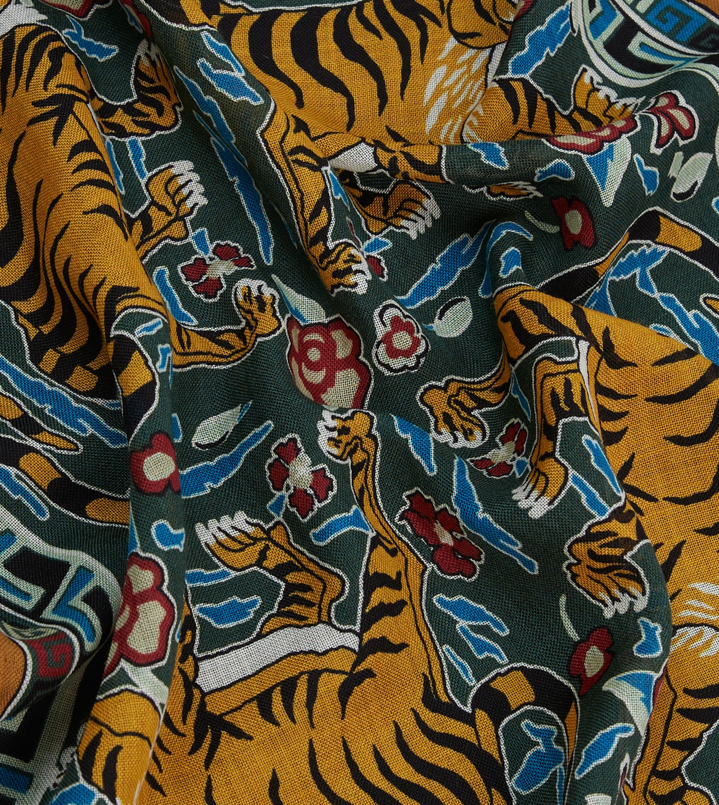 Green Tiger Motif Print Wool-Silk Pocket Square - Image 2