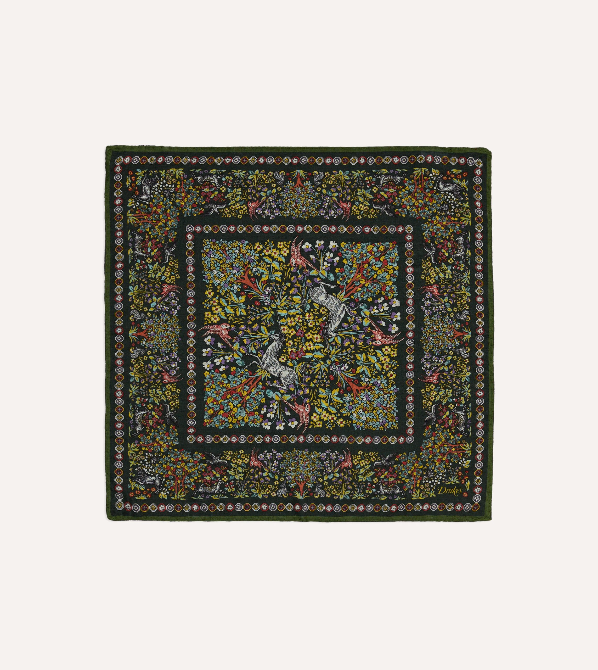 Gold Floral Unicorn Print Wool-Silk Pocket Square