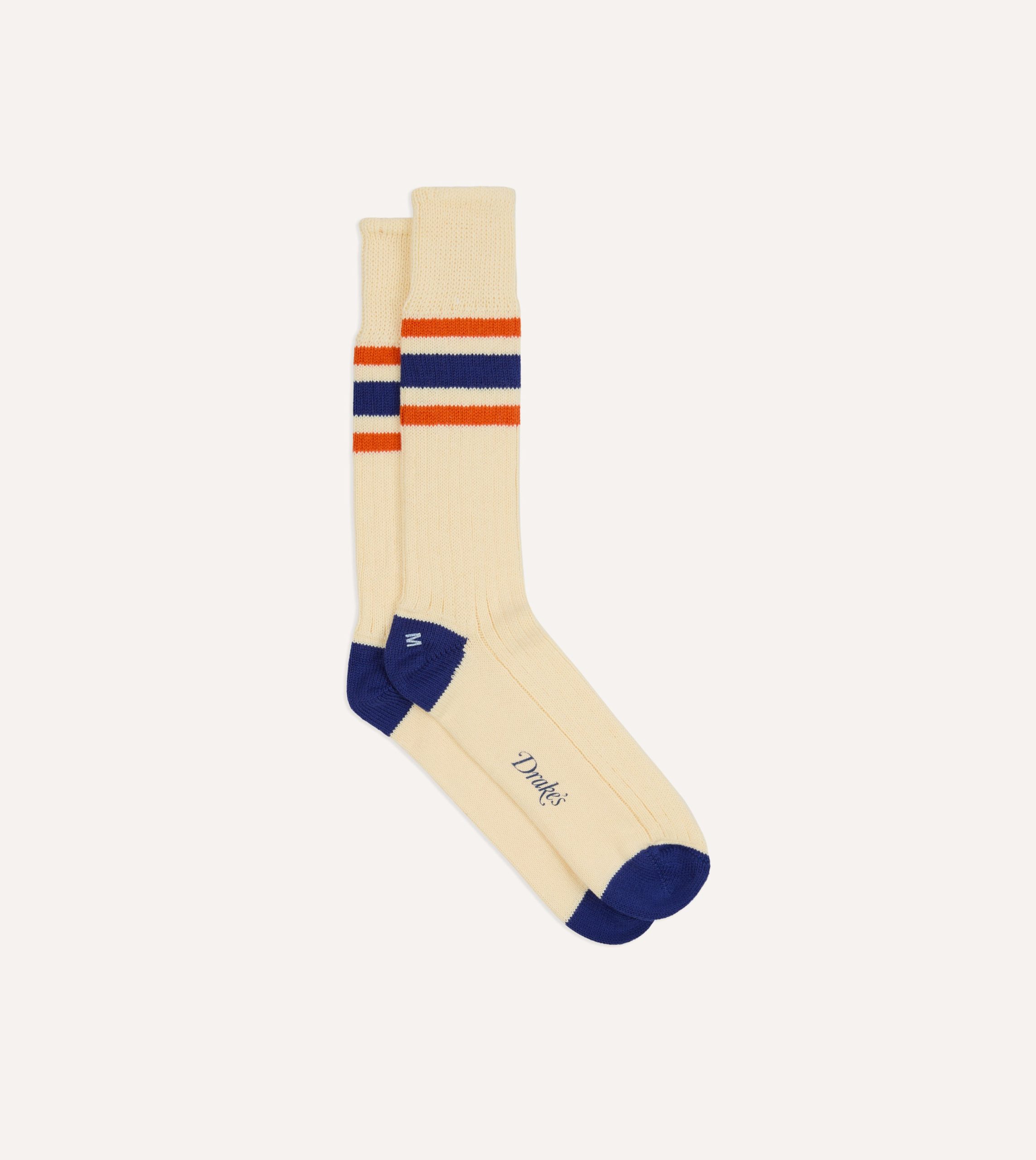 Ecru. Blue and Orange Striped Sport Socks
