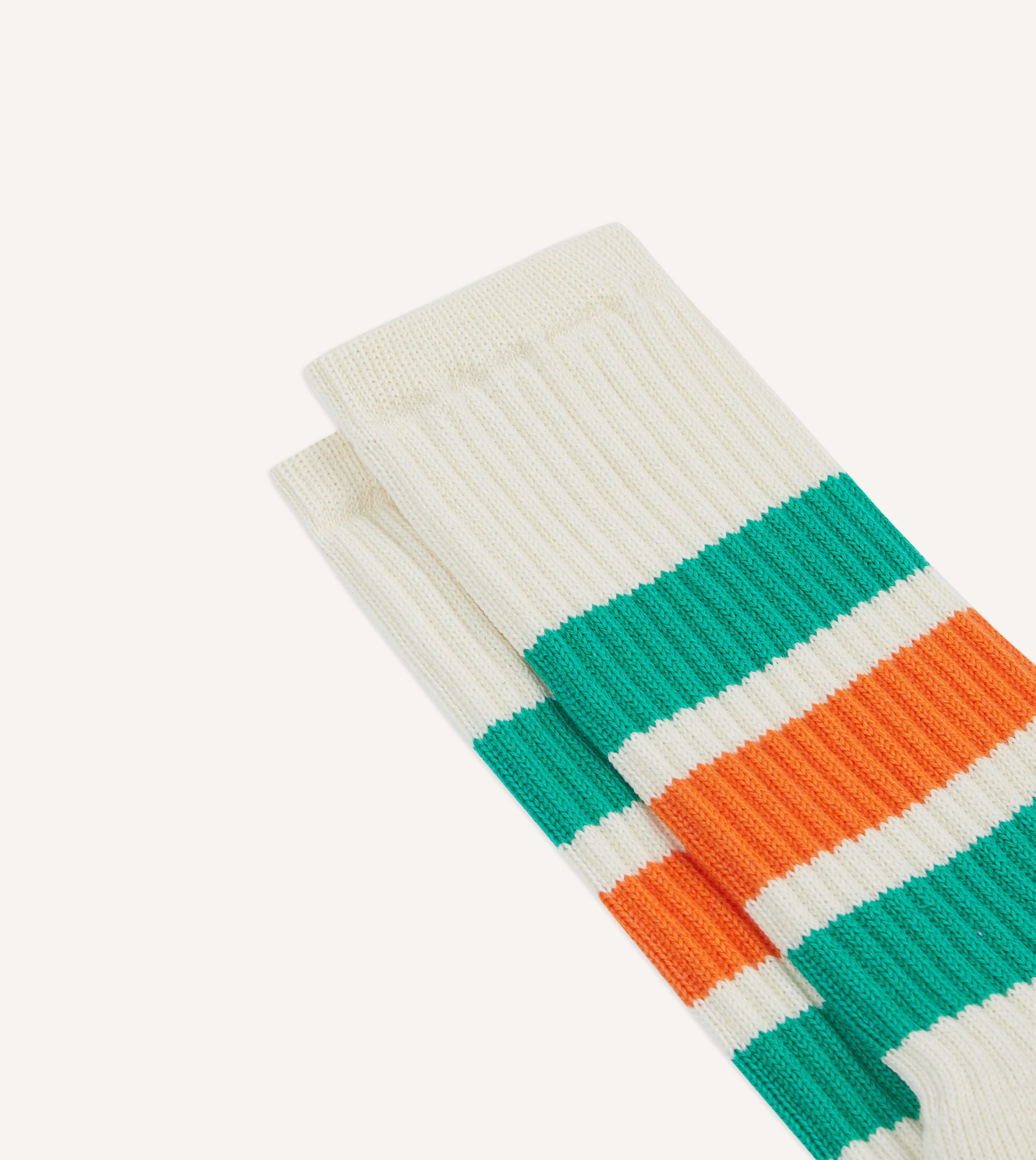 Ecru. Green and Orange 3 Stripe Cotton Sports Sock - Image 3