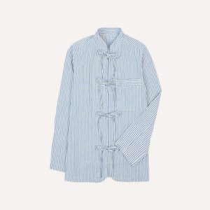 Blue and Ecru Stripe Tie Front Lightweight Overshirt