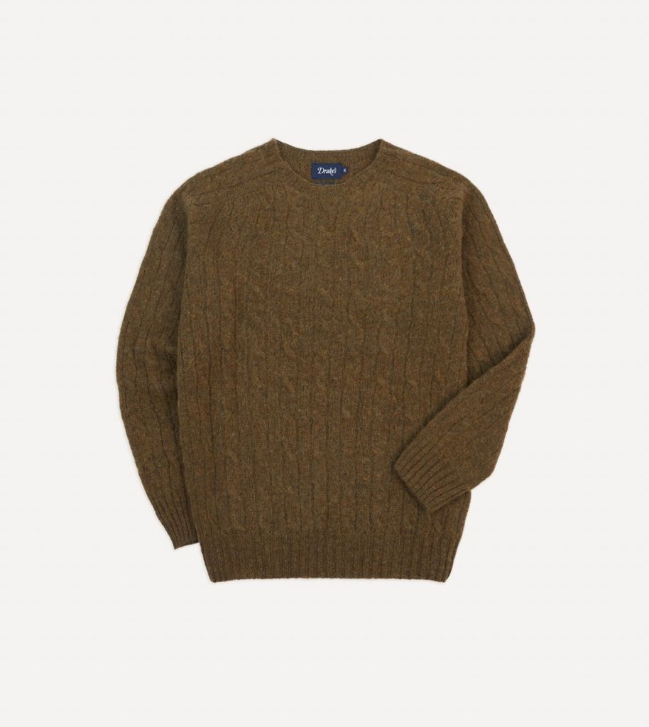 Olive Brushed Cable Knit Shetland Crew Neck Jumper
