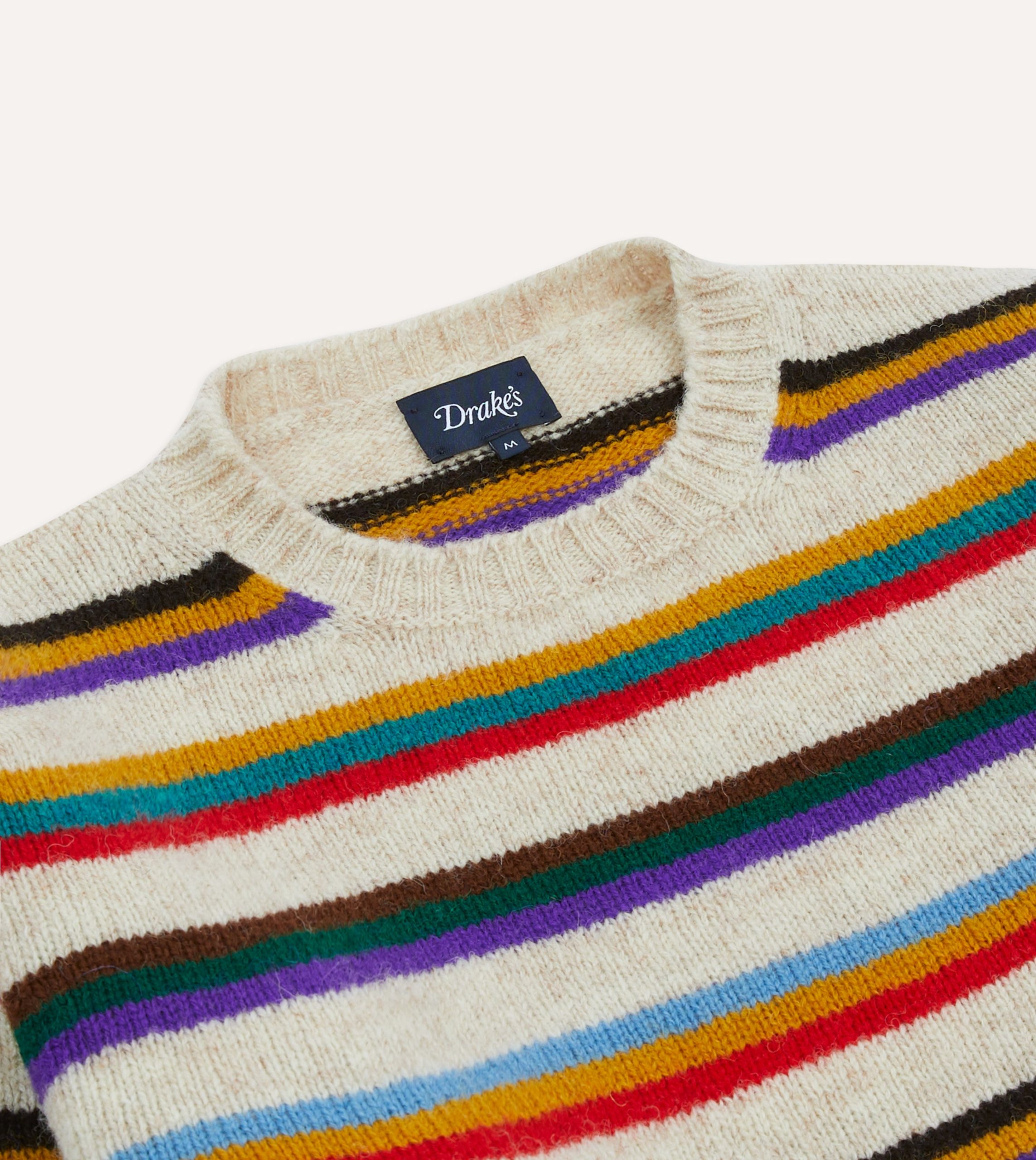 Ecru Multi Thin Stripe Brushed Shetland Crew Neck Jumper - Image 3