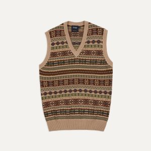 Beige Cotton Cashmere Fair Isle Knit Vest