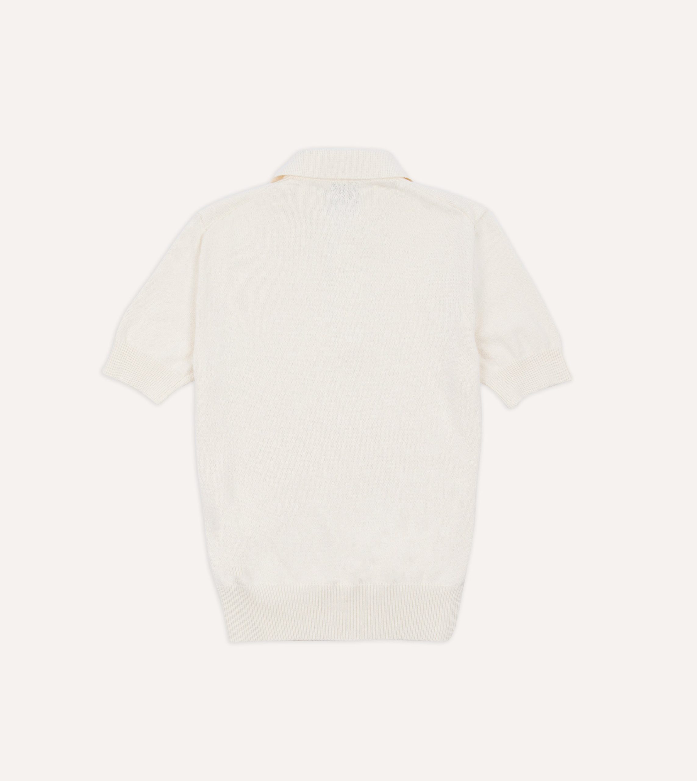 Ecru Knitted Crepe Cotton Short-Sleeve Polo Shirt - Image 4