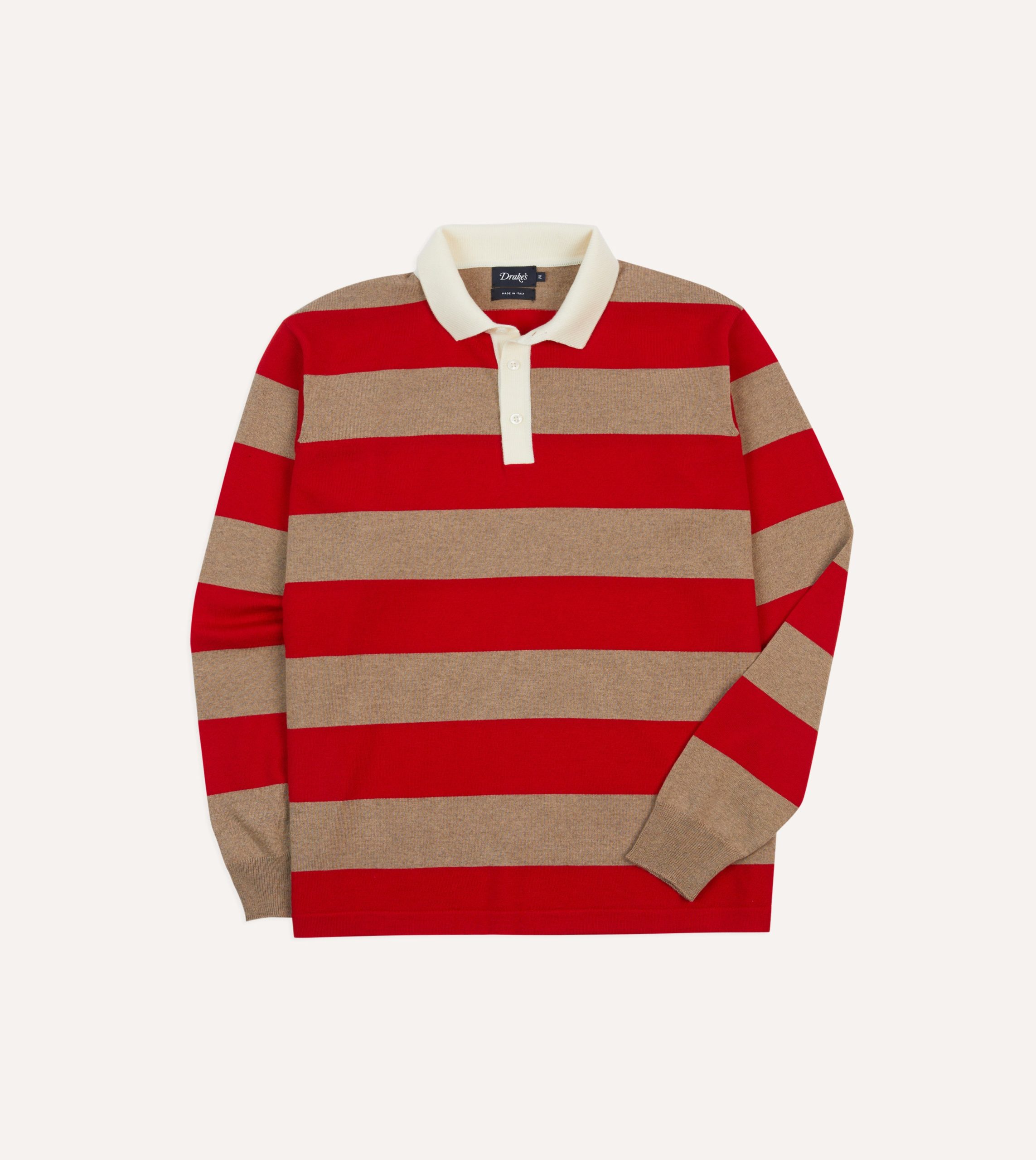 Red and Tan Block Stripe Knitted Rugby Shirt