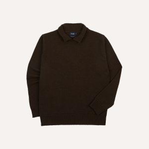 Brown Alpaca Lambswool Ribbed Integral Collar Jumper