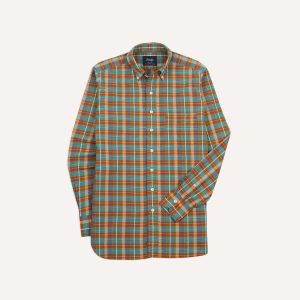 Orange and Blue Madras Check Cotton Button-Down Shirt