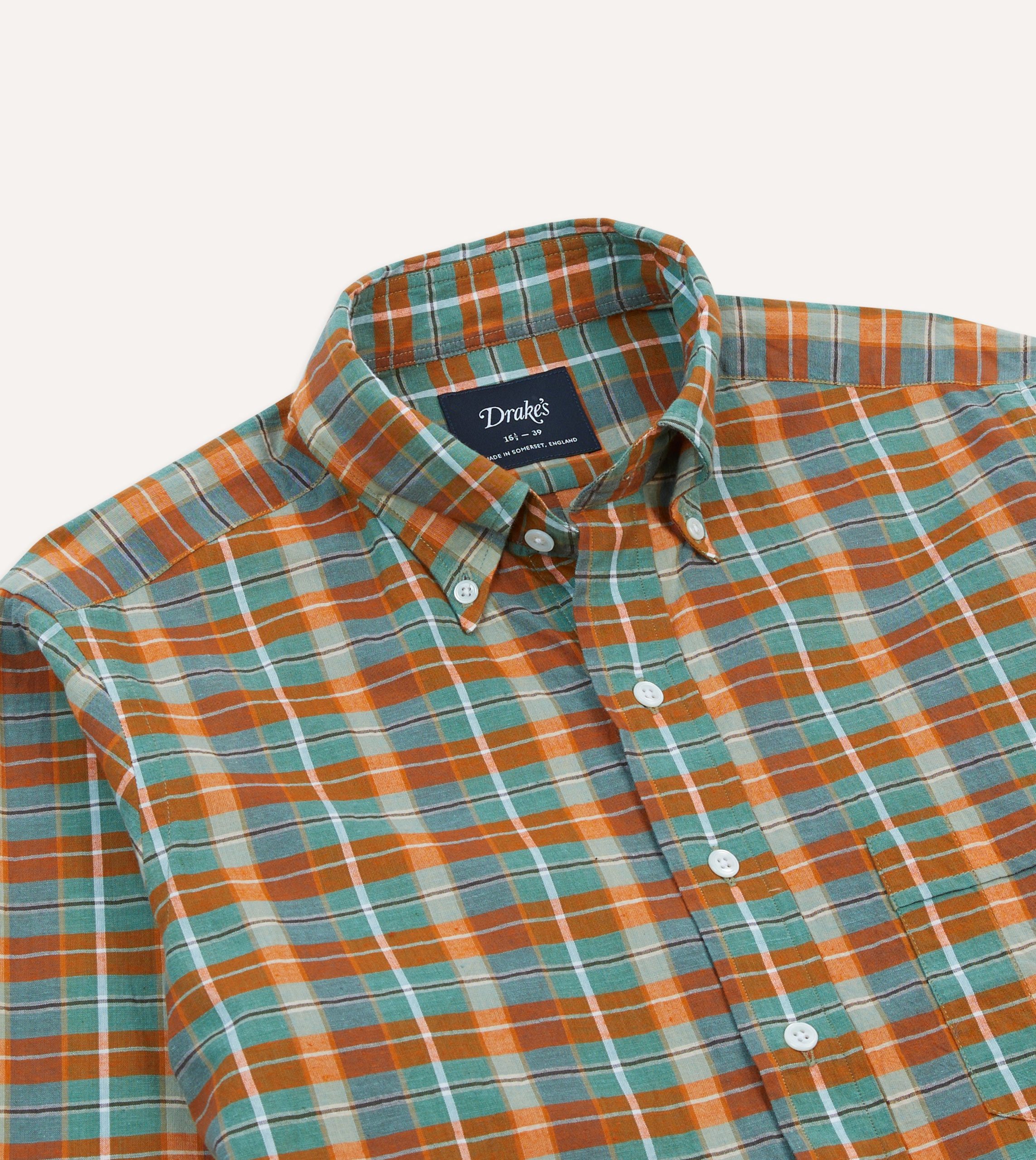Orange and Blue Madras Check Cotton Button-Down Shirt - Image 3