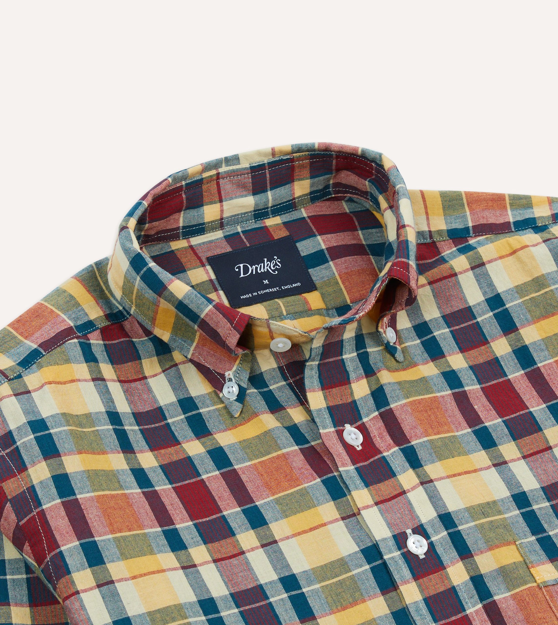 Yellow. Red and Blue Madras Check Cotton Button-Down Shirt - Image 3