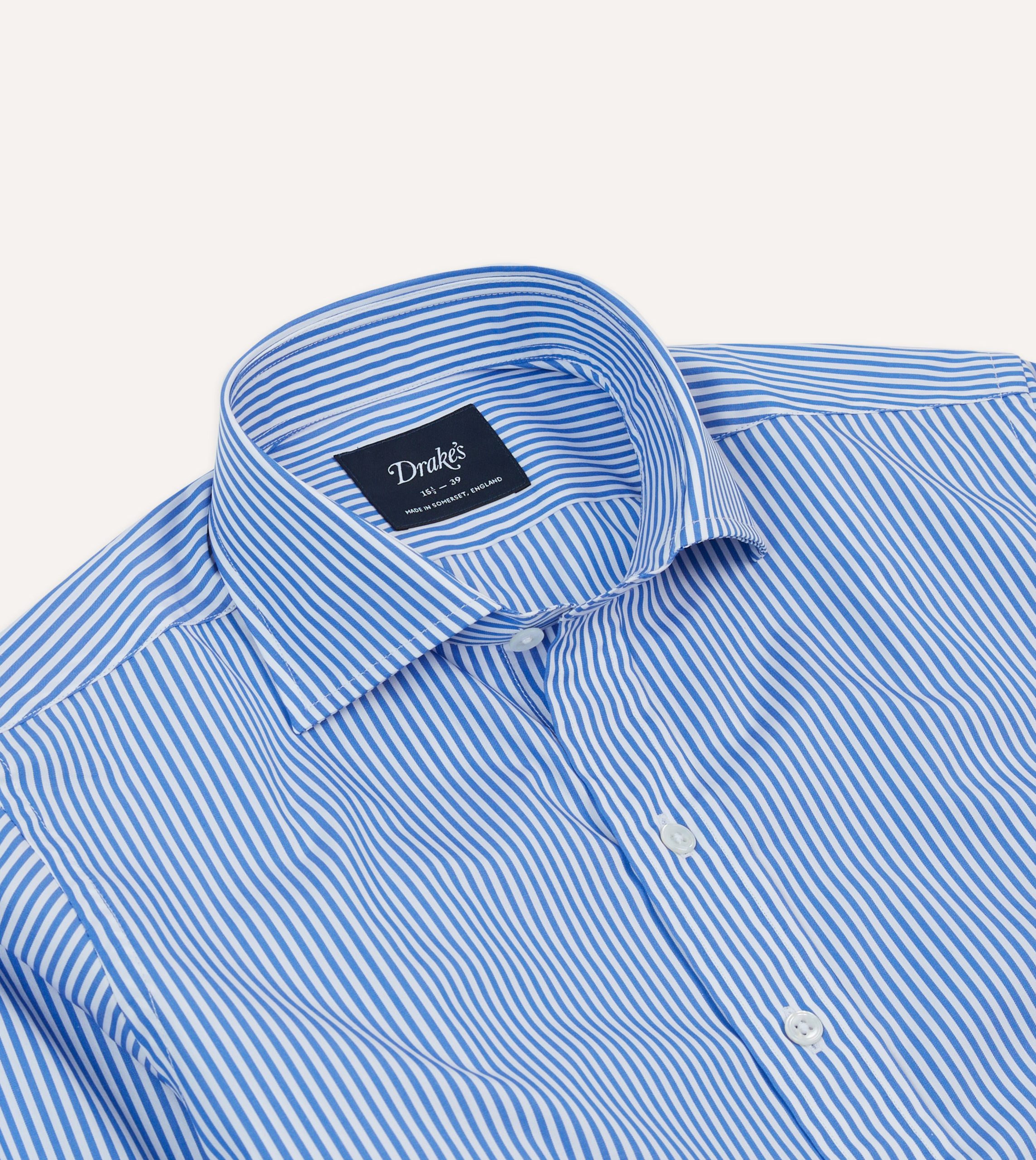 Dark Blue and White Bengal Stripe Spread Collar Cotton Poplin Shirt - Image 3
