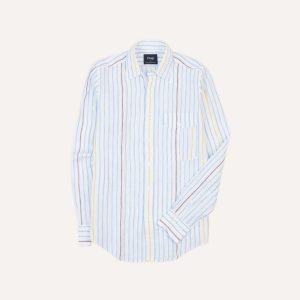 Blue. White and Yellow Stripe Linen Long Point Collar Shirt