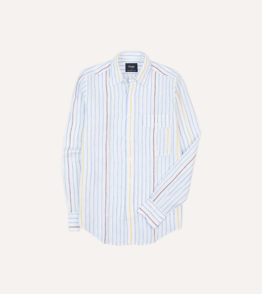 Blue. White and Yellow Stripe Linen Long Point Collar Shirt