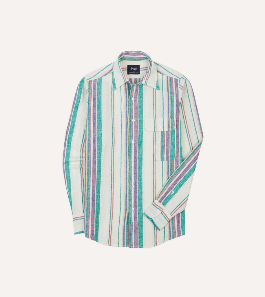 Ecru. Purple and Green Stripe Linen-Cotton Long Point Collar Shirt
