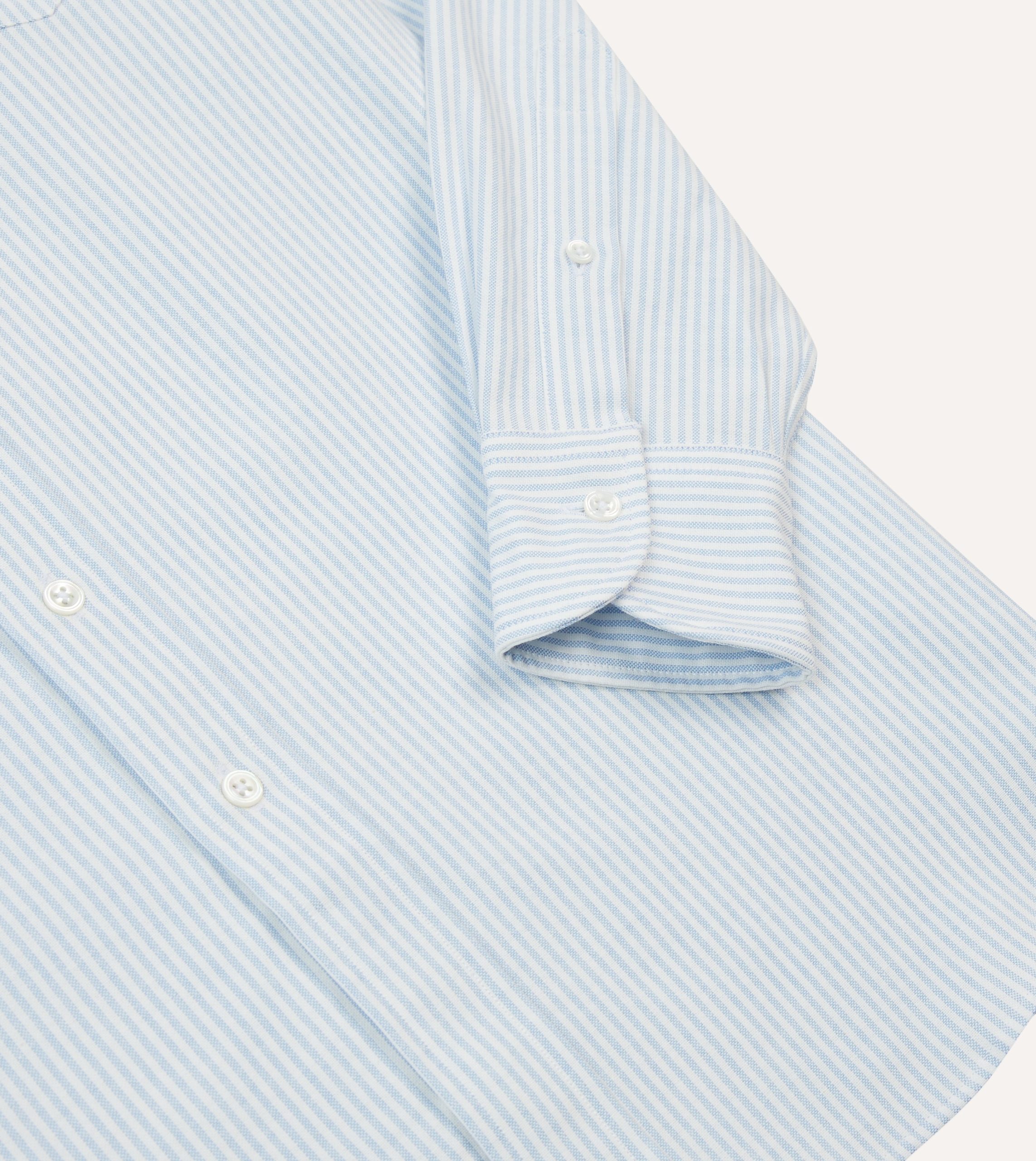 Light Blue and White Ticking Stripe Cotton Oxford Cloth Long Point Collar Shirt - Image 5