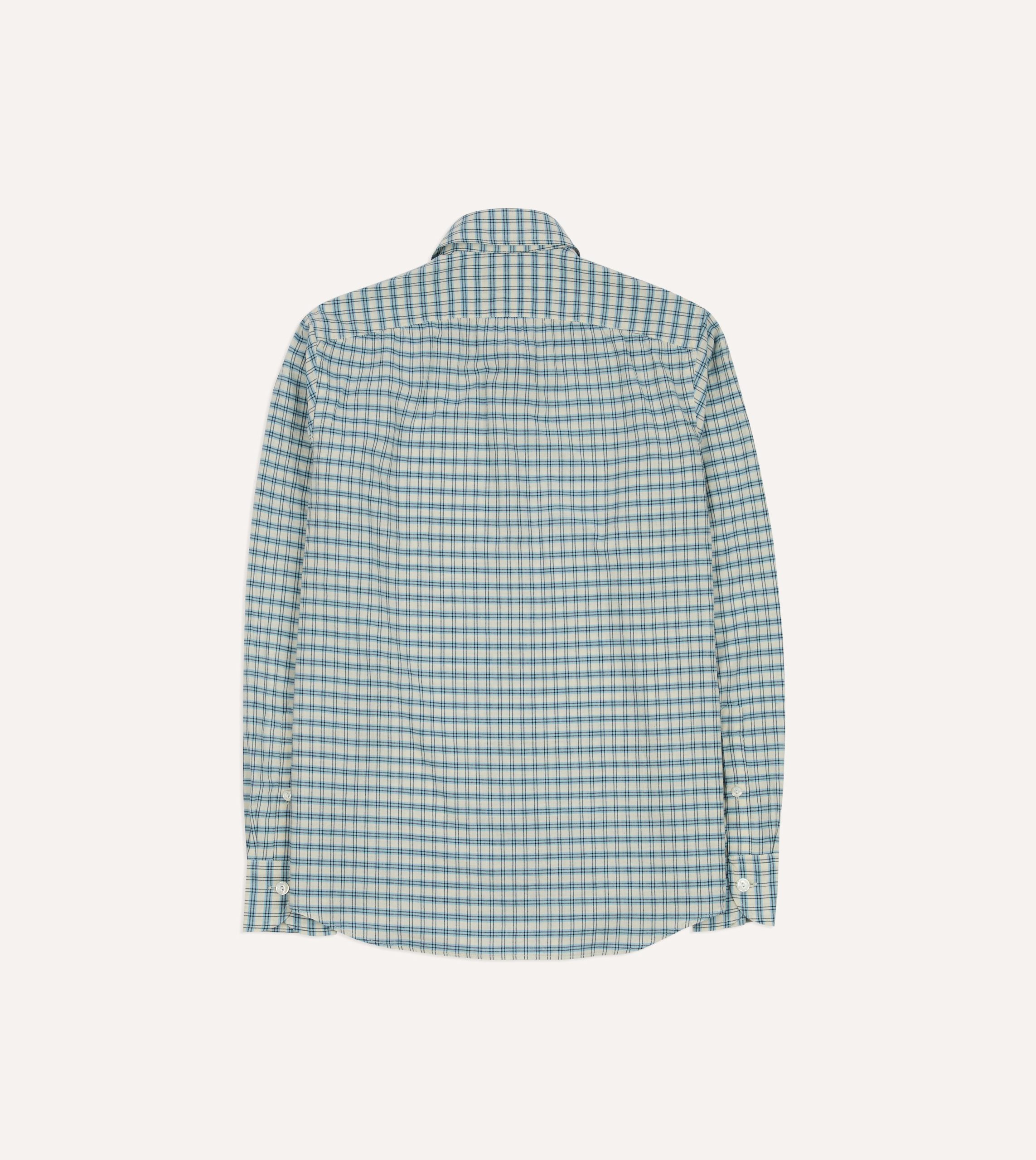 Blue and White Madras Check Cotton Long Point Collar Shirt - Image 5