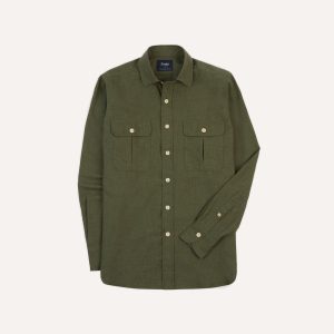 Khaki Green Cotton Flannel Two-Pocket Work Shirt