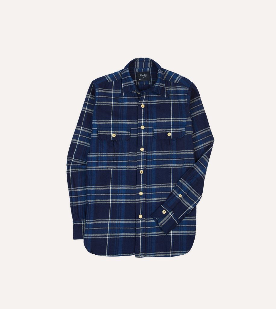 Blue Check Cotton Long Point Collar Work Shirt