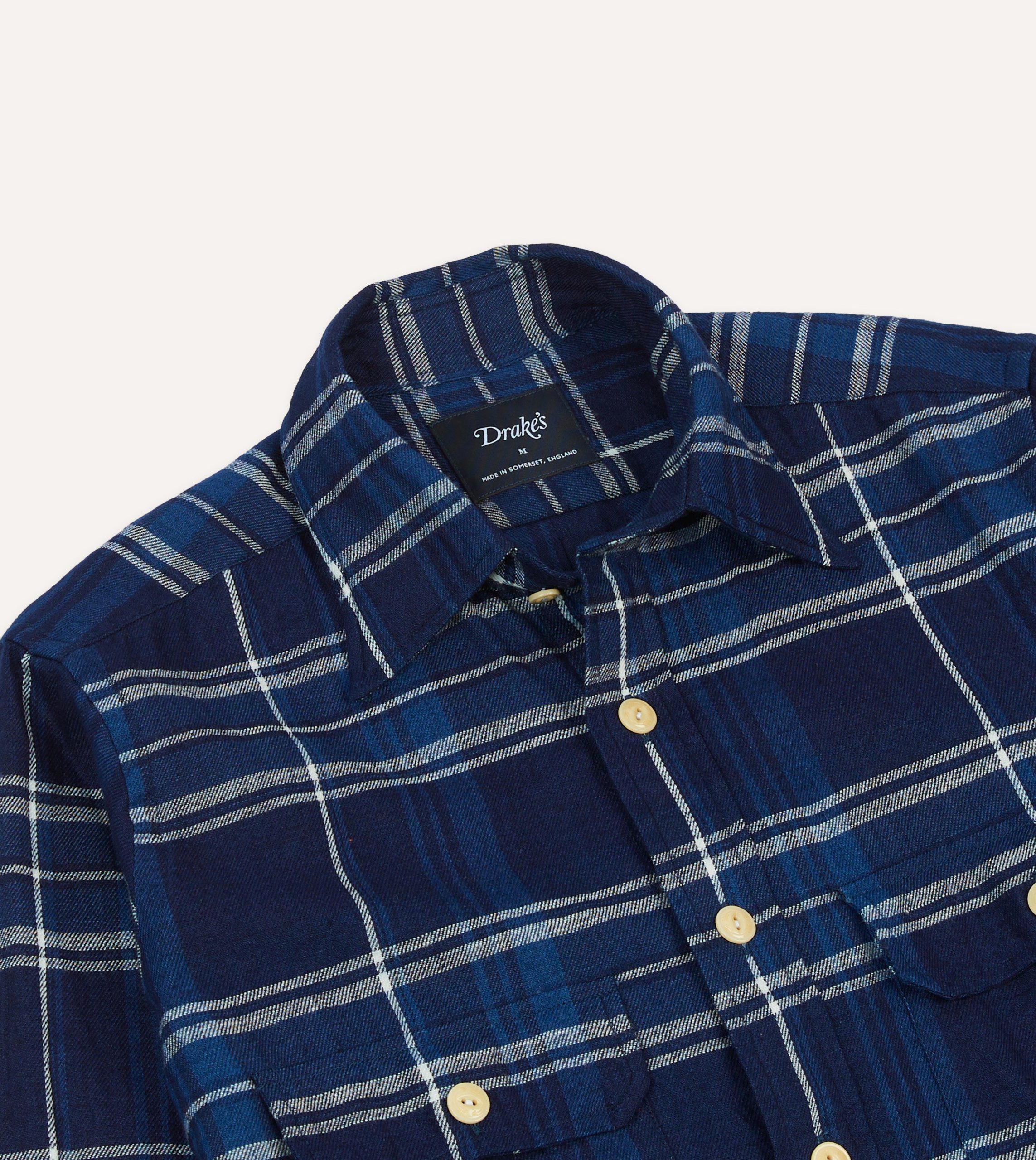 Blue Check Cotton Long Point Collar Work Shirt - Image 3