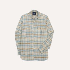 Ecru and Blue Check Cotton Two-Pocket Work Shirt