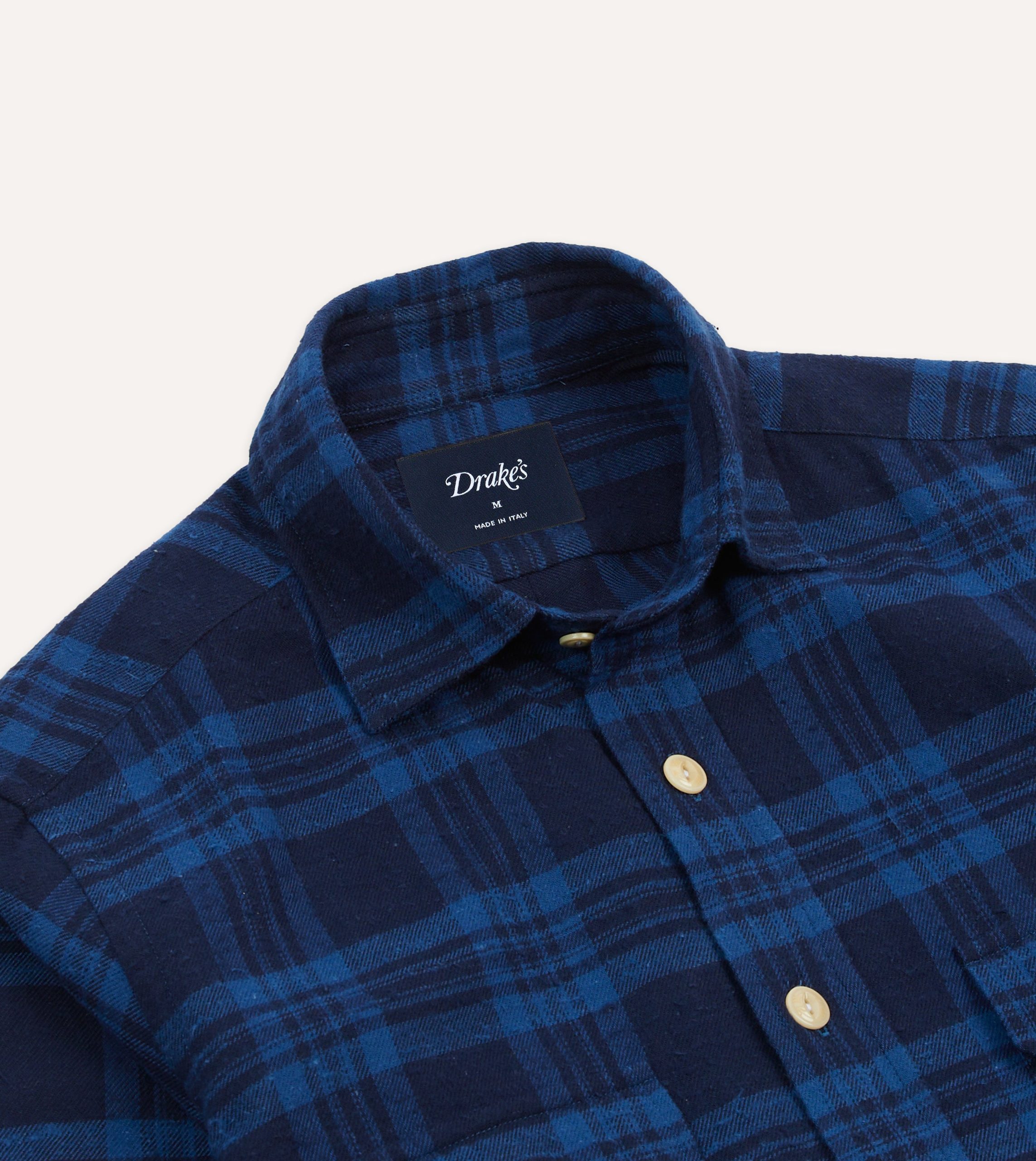 Navy Check Brushed Cotton Two-Pocket Work Shirt - Image 3