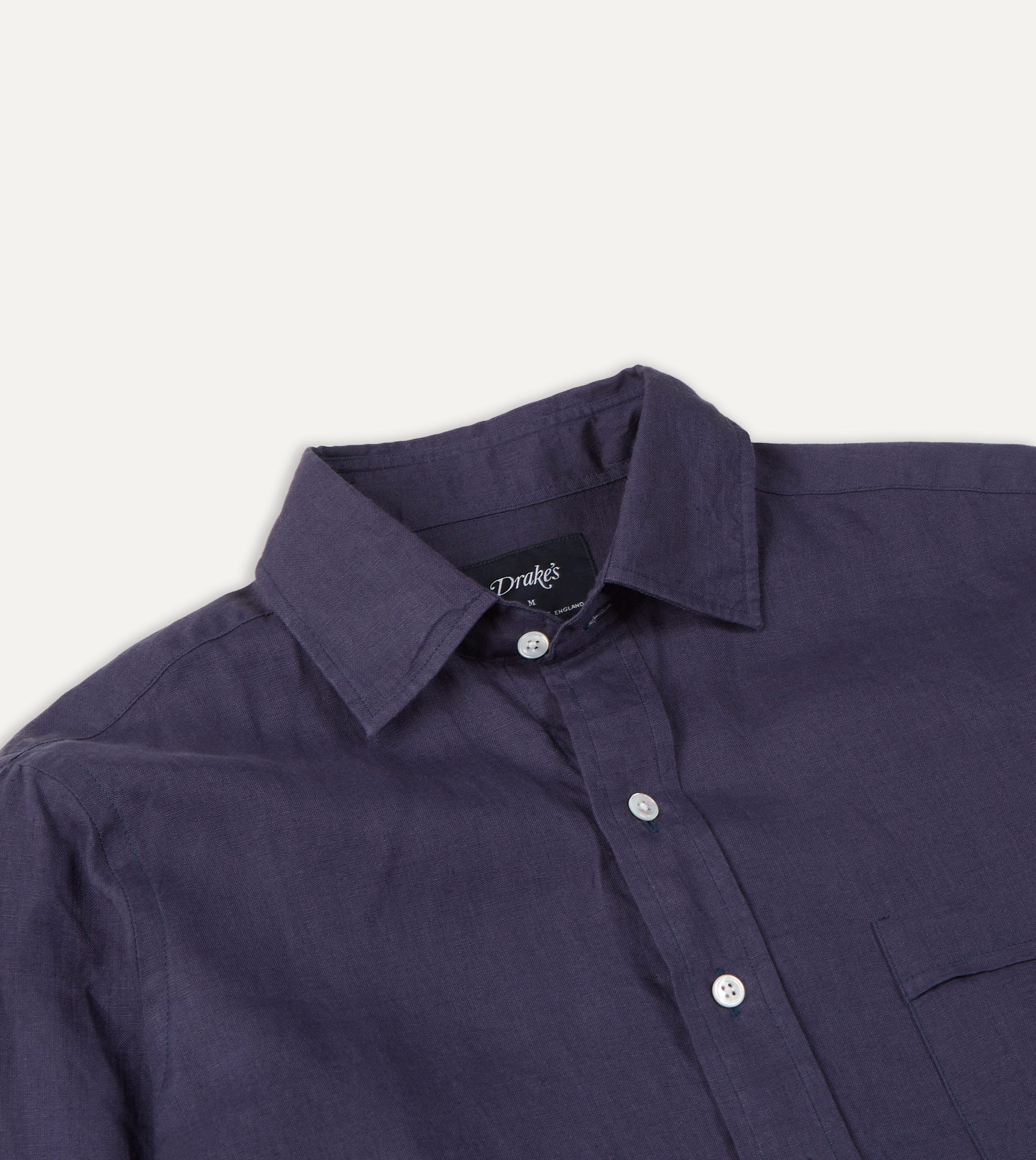 Washed Navy Linen Spread Collar Shirt - Image 4