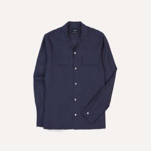 Navy Linen Camp Collar Long Sleeve Shirt