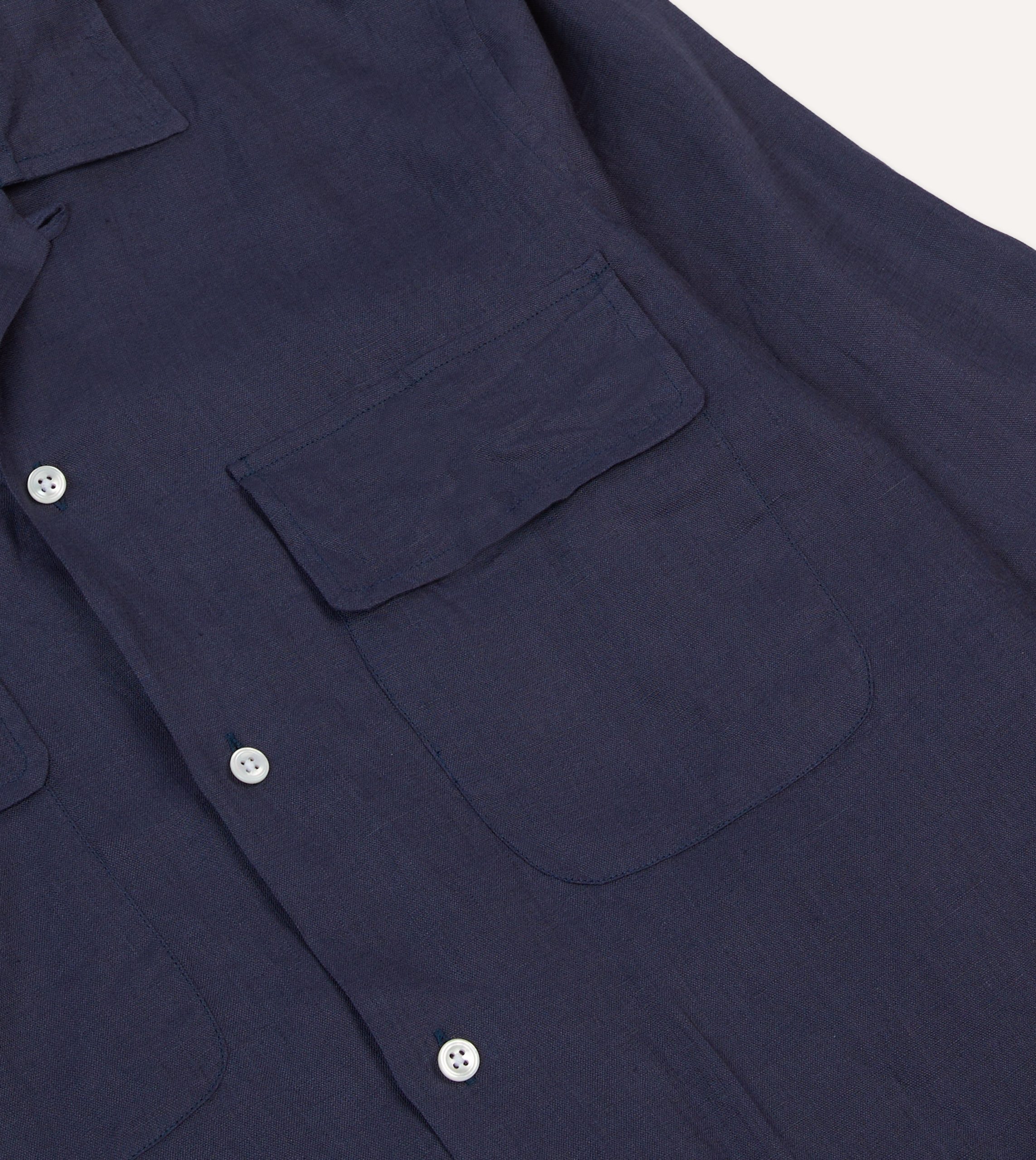 Navy Linen Camp Collar Long Sleeve Shirt - Image 4