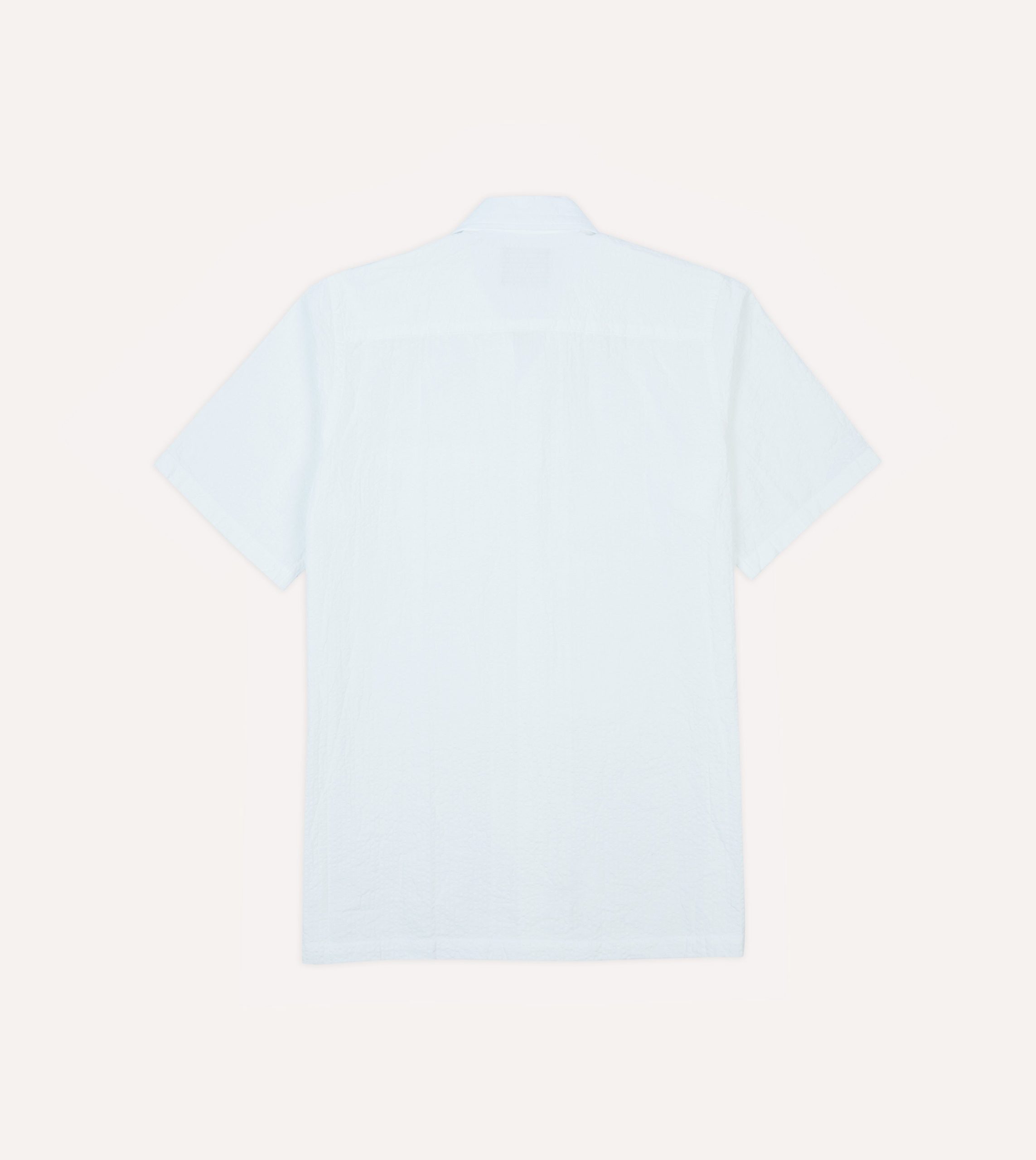 White Cotton-Linen Seersucker Camp Collar Short Sleeve Shirt - Image 5