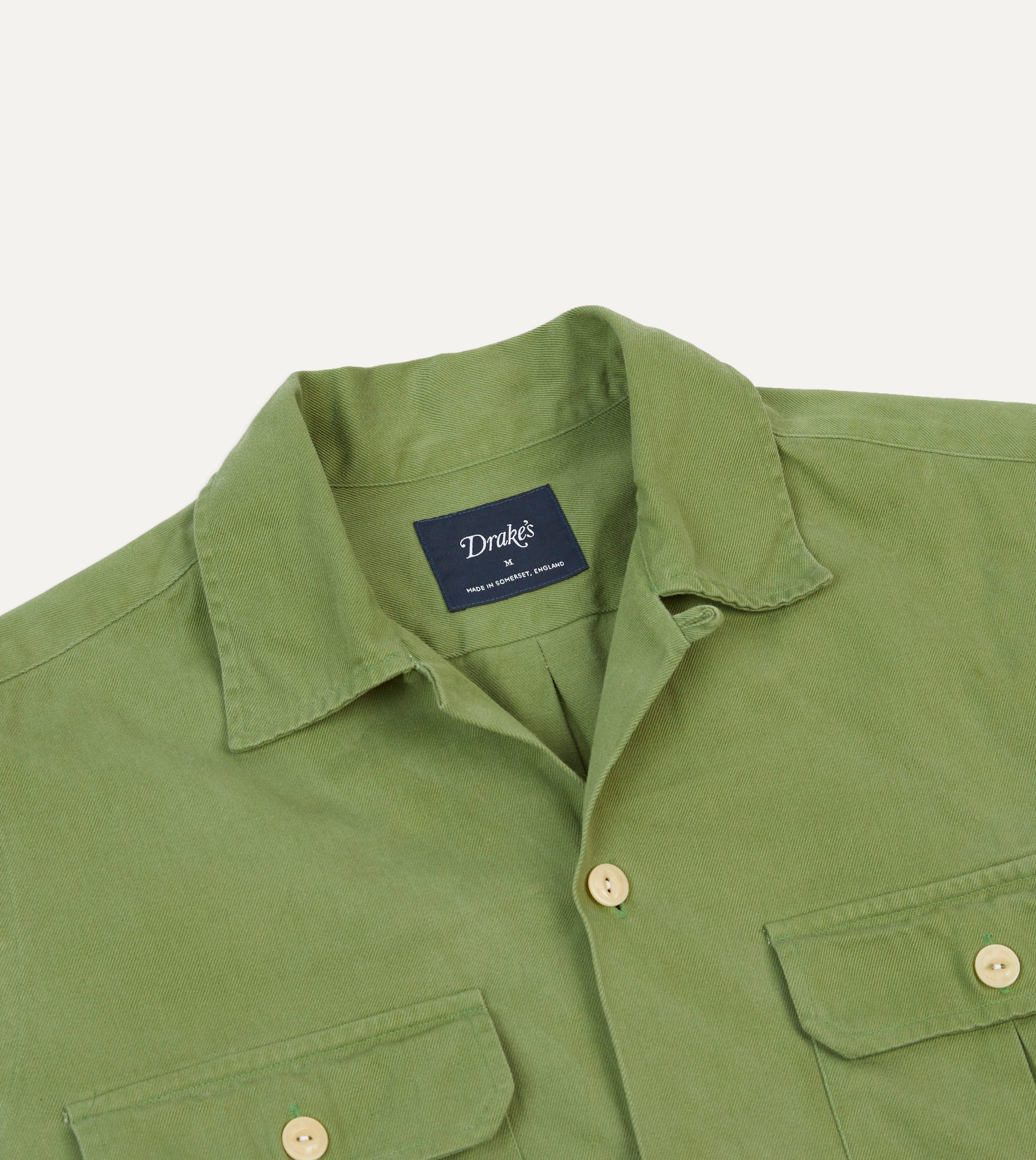 Green Brushed Cotton Twill Camp Collar Long Sleeve Shirt - Image 3