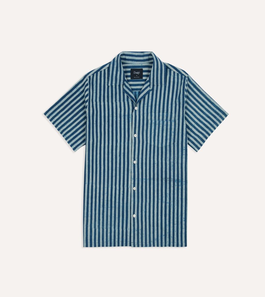 Indigo Stripe Block Print Cotton Camp Collar Short Sleeve Shirt