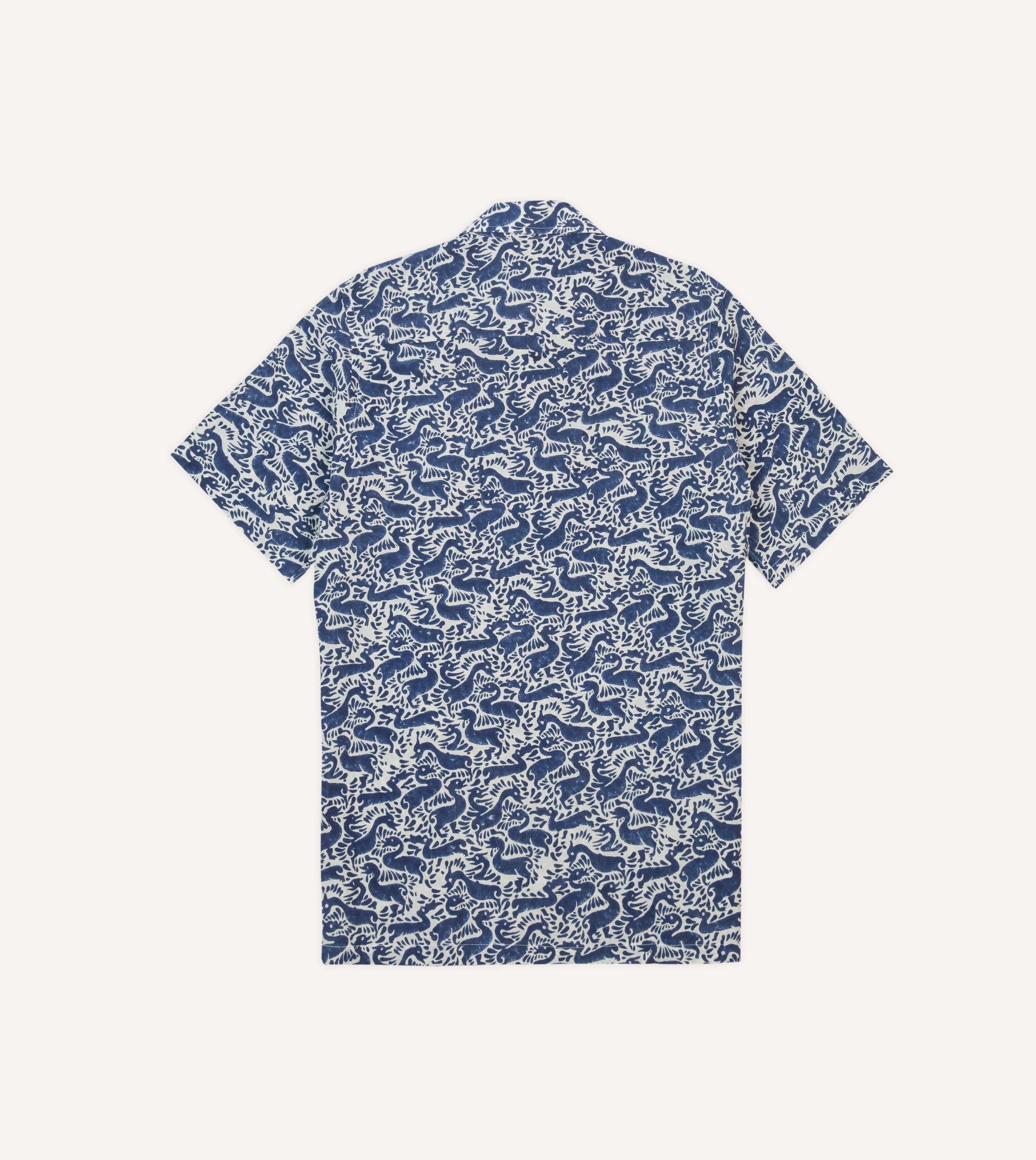 Navy Duck Block Print Cotton Camp Collar Short Sleeve Shirt - Image 6