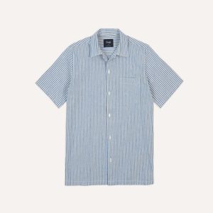 Blue and White Stripe Cotton-Linen Camp Collar Short Sleeve Shirt