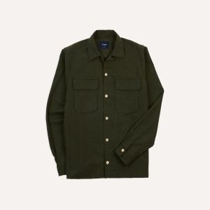 Dark Green Wool Two-Pocket Camp Collar Work Shirt