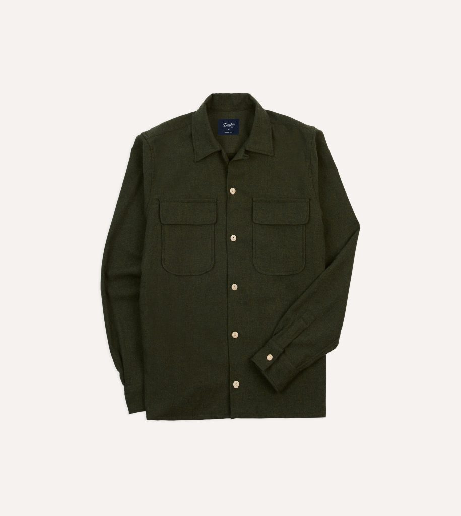 Dark Green Wool Two-Pocket Camp Collar Work Shirt