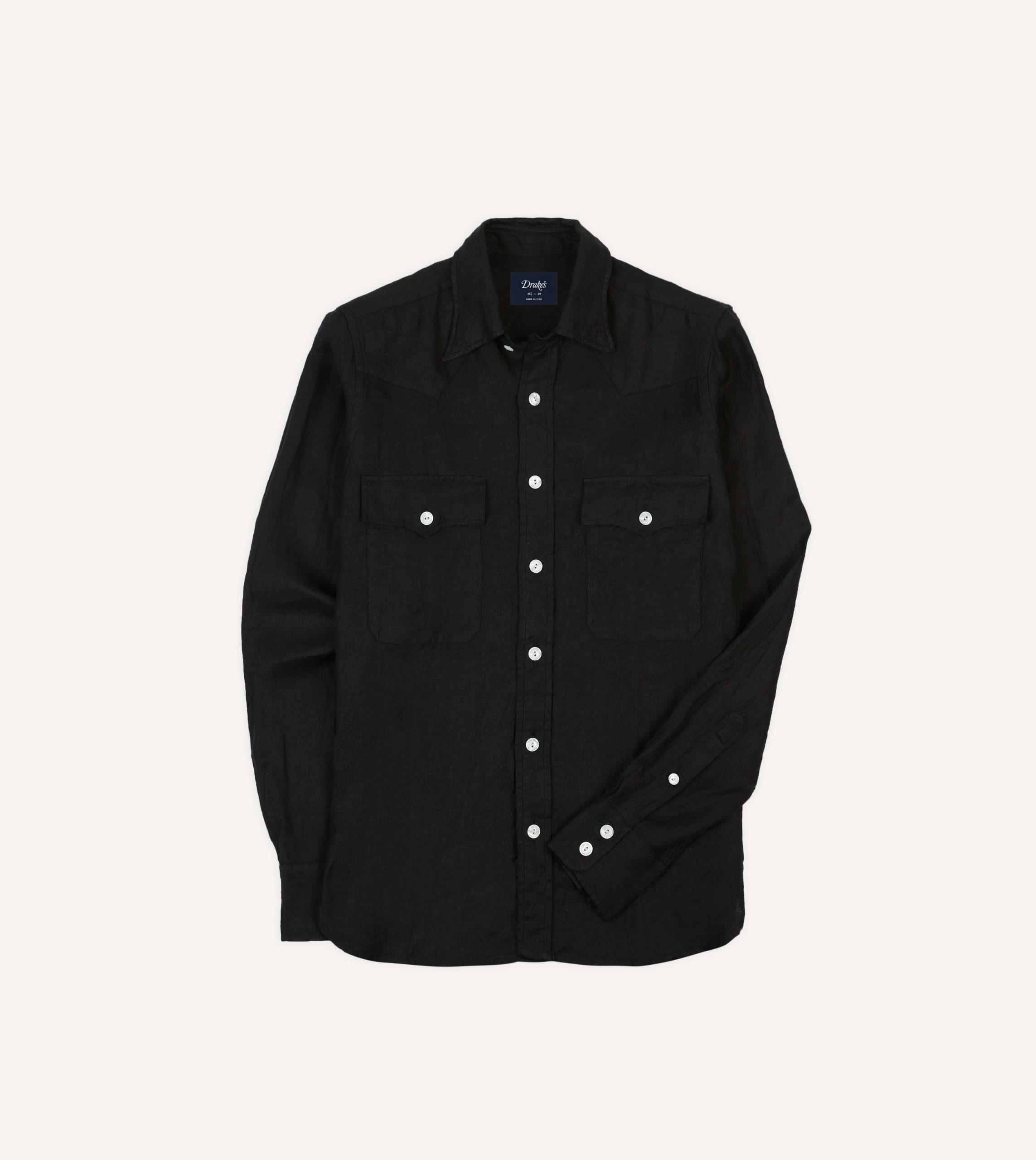 Black Linen Twill Two-Pocket Western Shirt