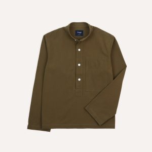 Brown Cotton Mandarin Collar Popover Shirt