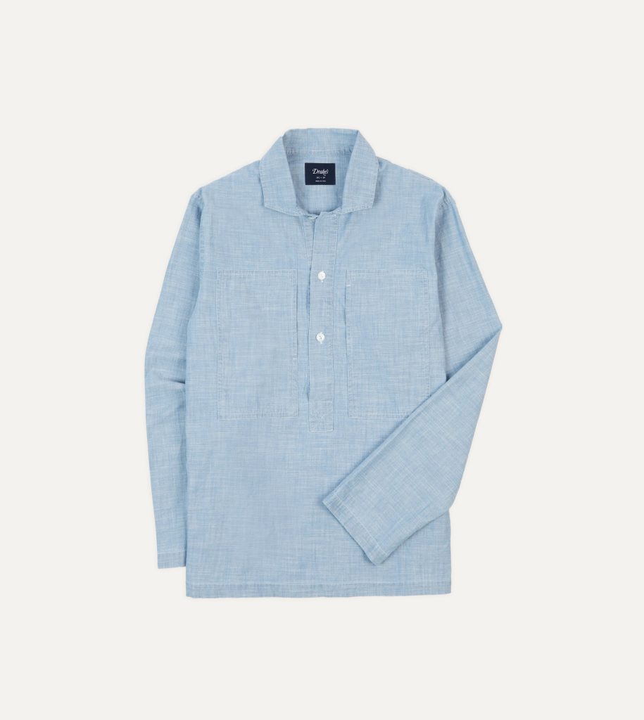Blue Cotton Chambray Spread Collar Popover Shirt