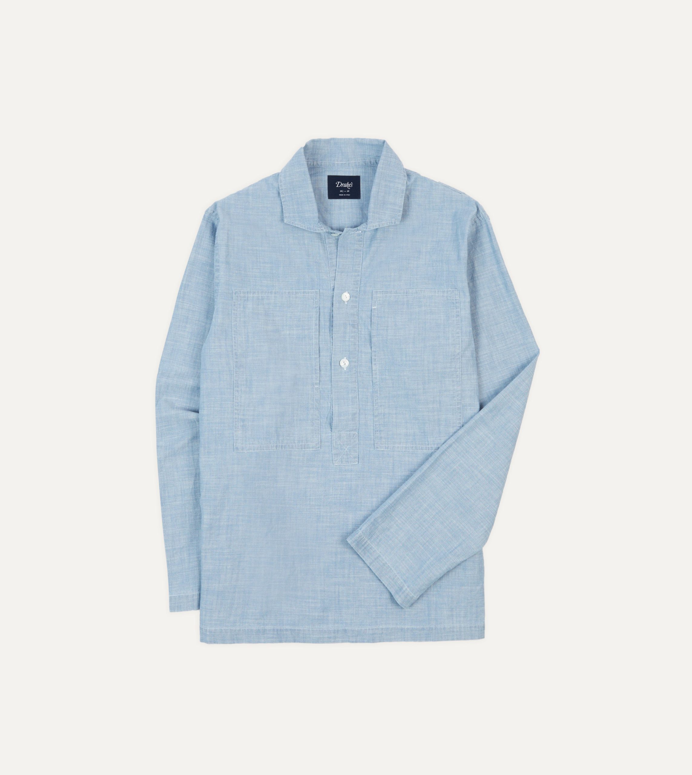 Blue Cotton Chambray Spread Collar Popover Shirt